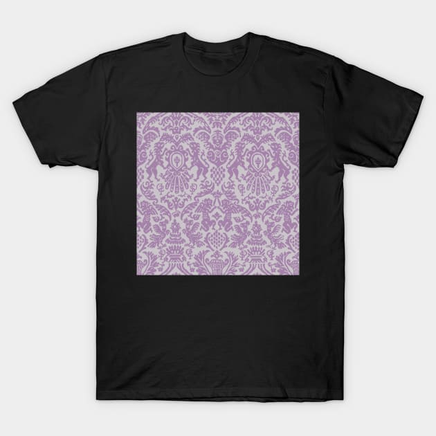 Lavender and Dusty Gray Weird Medieval Lions, Cherubs, and Skulls Scrollwork Damask T-Shirt by JamieWetzel